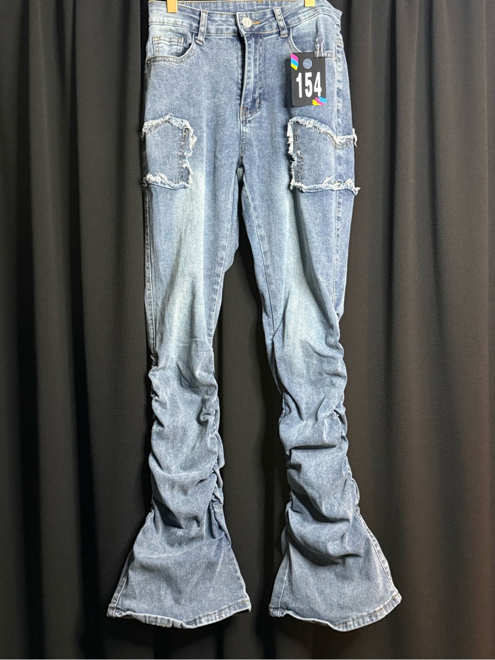 Light Blue Ruched Flare Jeans with Distressed Knee Patches